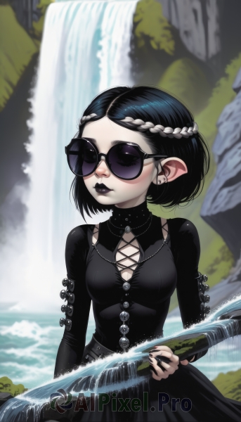 1girl,solo,breasts,short hair,black hair,long sleeves,dress,cleavage,jewelry,medium breasts,closed mouth,closed eyes,upper body,braid,multicolored hair,earrings,small breasts,outdoors,glasses,day,pointy ears,artist name,water,nail polish,blurry,black dress,two-tone hair,lips,streaked hair,fingernails,clothing cutout,makeup,blurry background,piercing,cleavage cutout,sunglasses,lipstick,ear piercing,pale skin,black nails,facing viewer,corset,french braid,eyeshadow,black-framed eyewear,stud earrings,cross-laced clothes,waterfall,gothic,black lips,looking at viewer,bangs,hair ornament,holding,necklace,eyelashes,swept bangs,watermark,web address,forehead,nose,round eyewear,mascara