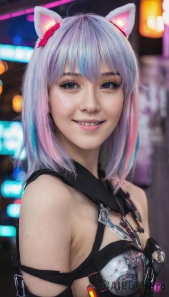 1girl,solo,breasts,looking at viewer,smile,short hair,bangs,hair ornament,animal ears,bare shoulders,upper body,pink hair,grey hair,multicolored hair,small breasts,teeth,cat ears,medium hair,grin,blurry,black eyes,two-tone hair,lips,streaked hair,grey eyes,gradient hair,depth of field,blurry background,chain,freckles,science fiction,realistic,cyberpunk,jewelry,blue hair,white hair,hair bow,necklace,armor,cosplay,fake animal ears,chain necklace