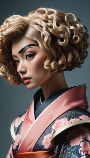 1girl,solo,looking at viewer,short hair,blonde hair,simple background,brown hair,brown eyes,closed mouth,upper body,japanese clothes,dark skin,kimono,dark-skinned female,lips,gradient,sash,gradient background,eyelashes,makeup,obi,floral print,thick eyebrows,lipstick,curly hair,realistic,nose,print kimono,pink kimono,green eyes,blue background,wavy hair,eyeshadow