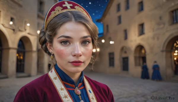 1girl,solo,looking at viewer,short hair,brown hair,hat,dress,brown eyes,jewelry,closed mouth,upper body,earrings,outdoors,sky,solo focus,hair bun,blurry,lips,grey eyes,night,depth of field,blurry background,single hair bun,brooch,building,portrait,star (sky),night sky,red headwear,freckles,realistic,nose,multiple girls,2girls,parted lips,3girls,window,blue dress,gem,red lips