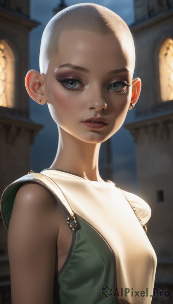 1girl,solo,breasts,looking at viewer,short hair,blue eyes,jewelry,upper body,earrings,small breasts,parted lips,sleeveless,dark skin,blurry,dark-skinned female,lips,eyelashes,blurry background,piercing,freckles,realistic,nose,bald,very short hair,teeth,makeup,building,stud earrings,mascara