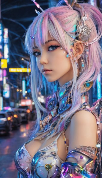 1girl,solo,long hair,breasts,looking at viewer,bangs,blue eyes,hair ornament,cleavage,bare shoulders,jewelry,medium breasts,blue hair,upper body,ponytail,pink hair,multicolored hair,earrings,blurry,two-tone hair,lips,streaked hair,grey eyes,eyelashes,makeup,blurry background,headgear,science fiction,realistic,closed mouth,flower,sidelocks,outdoors,artist name,hair flower,armor,from side,night,depth of field,watermark,expressionless,piercing,gem,armlet,nose,cyberpunk