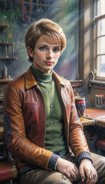 1girl,solo,looking at viewer,smile,short hair,blonde hair,brown hair,long sleeves,brown eyes,jewelry,sitting,jacket,parted lips,pants,indoors,necklace,sweater,open jacket,cup,lips,window,makeup,turtleneck,sunlight,lipstick,red nails,red jacket,ribbed sweater,freckles,brown jacket,turtleneck sweater,realistic,red lips,leather,disposable cup,green sweater,blush,blue eyes,buttons,chair,drinking straw,leather jacket