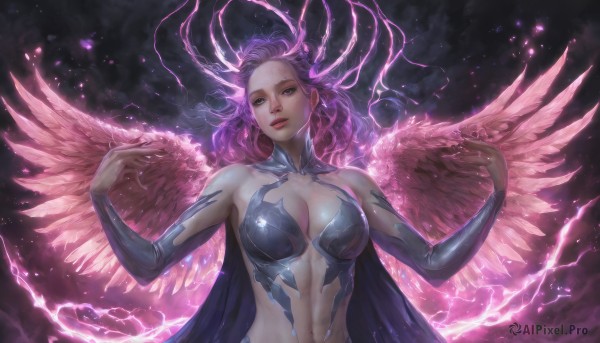 1girl,solo,long hair,breasts,looking at viewer,large breasts,navel,cleavage,bare shoulders,jewelry,upper body,pink hair,purple hair,earrings,parted lips,detached sleeves,wings,horns,cape,lips,glowing,feathered wings,realistic,lightning,multiple wings,pink wings,gloves,medium breasts,green eyes,elbow gloves,halo,angel,electricity