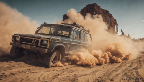 outdoors,sky,day,cloud,blue sky,military,no humans,ground vehicle,scenery,motor vehicle,smoke,car,vehicle focus,desert,dust,truck,dust cloud,sand