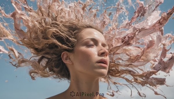 1girl,solo,long hair,brown hair,brown eyes,jewelry,earrings,parted lips,sky,mole,lips,floating hair,blue background,portrait,freckles,underwater,realistic,nose,falling,surreal,nude,teeth,day,cloud,blue sky,looking away,looking up,wind,mole on cheek