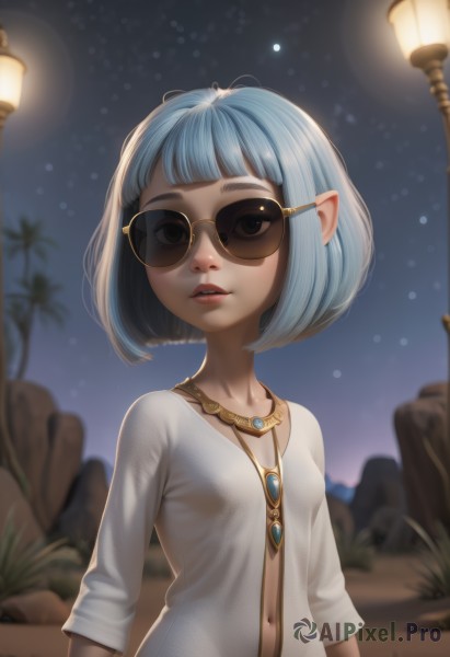 1girl,solo,breasts,looking at viewer,short hair,bangs,shirt,long sleeves,dress,navel,brown eyes,jewelry,blue hair,collarbone,white shirt,upper body,small breasts,outdoors,parted lips,sky,teeth,pointy ears,artist name,signature,blunt bangs,necklace,white dress,blurry,black eyes,tree,lips,see-through,night,depth of field,blurry background,sunglasses,bob cut,star (sky),night sky,pendant,starry sky,palm tree,lamppost,yellow-framed eyewear,blue eyes,open clothes,glasses,watermark,gem,nose,aviator sunglasses