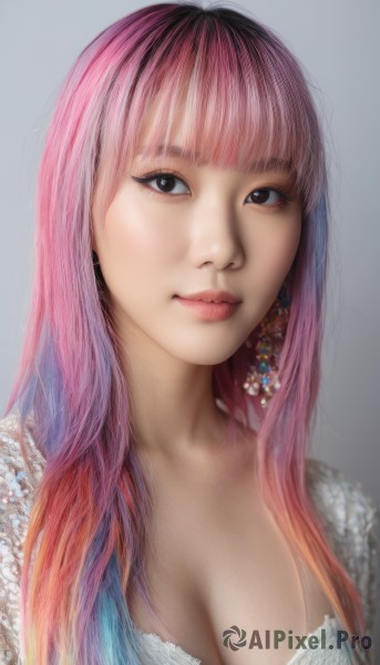 1girl,solo,long hair,breasts,looking at viewer,smile,bangs,large breasts,simple background,cleavage,brown eyes,jewelry,medium breasts,closed mouth,underwear,upper body,pink hair,multicolored hair,earrings,blunt bangs,grey background,bra,black eyes,two-tone hair,lips,eyelashes,gradient hair,makeup,realistic,nose