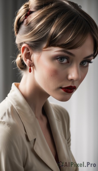 1girl,solo,looking at viewer,short hair,bangs,blue eyes,brown hair,shirt,jewelry,white shirt,upper body,earrings,parted lips,hair bun,blurry,lips,grey eyes,eyelashes,makeup,single hair bun,lipstick,portrait,freckles,realistic,red lips,blonde hair,closed mouth,artist name,signature,nose