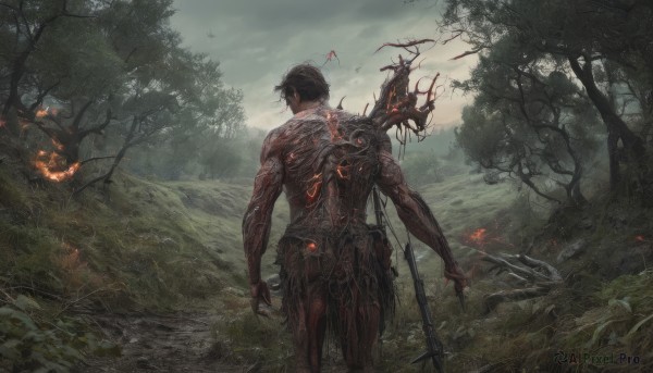 solo,short hair,black hair,1boy,holding,standing,weapon,male focus,outdoors,sky,cloud,from behind,holding weapon,armor,tree,blood,tattoo,muscular,glowing,bird,back,cloudy sky,grass,fire,polearm,nature,scenery,forest,spear,holding polearm,burning,science fiction,monster,facing away