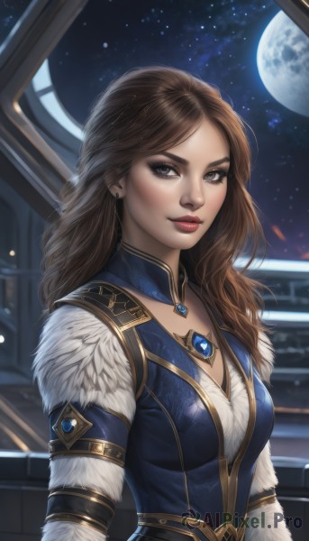 1girl,solo,long hair,breasts,looking at viewer,smile,brown hair,cleavage,brown eyes,jewelry,medium breasts,closed mouth,upper body,earrings,sky,lips,grey eyes,fur trim,window,makeup,night,moon,lipstick,brooch,gem,star (sky),night sky,full moon,eyeshadow,starry sky,nose,red lips,space,planet,bangs,artist name,signature,necklace,parted bangs,eyelashes,detached collar,pendant