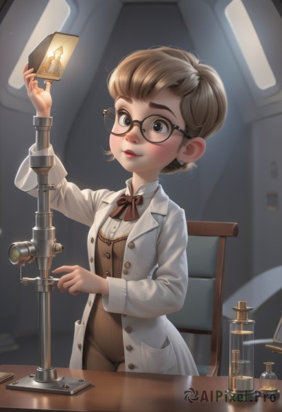 1girl,solo,smile,short hair,bangs,brown hair,shirt,long sleeves,bow,holding,brown eyes,jewelry,sitting,standing,earrings,parted lips,glasses,artist name,indoors,bowtie,vest,lips,coat,makeup,buttons,chair,lipstick,black-framed eyewear,labcoat,white coat,red lips,brown bow,brown vest,brown-framed eyewear,blush,blue eyes,pants,table,freckles