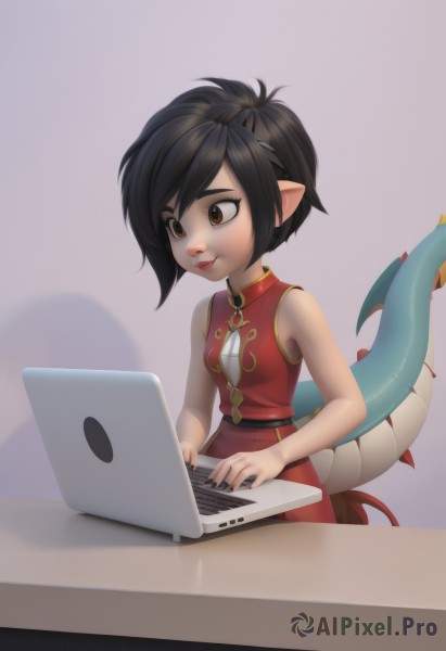 1girl,solo,breasts,short hair,black hair,dress,bare shoulders,brown eyes,tail,small breasts,sleeveless,pointy ears,lips,makeup,sleeveless dress,chinese clothes,red dress,monster girl,china dress,dragon girl,dragon tail,computer,laptop,mouse (computer),white background,nose