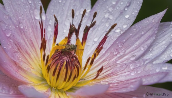 solo,1boy,flower,male focus,wings,blurry,black background,1other,fish,bubble,underwater,air bubble,petals,no humans,depth of field,bug,rain,water drop,realistic,yellow flower,still life