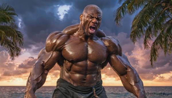 solo,open mouth,1boy,navel,closed eyes,male focus,outdoors,sky,teeth,day,tongue,pants,cloud,dark skin,water,tree,muscular,ocean,beach,abs,dark-skinned male,cloudy sky,pectorals,muscular male,bara,veins,topless male,sunset,realistic,sand,palm tree,bald,manly,veiny arms,jewelry,earrings,facial hair,scar,shouting