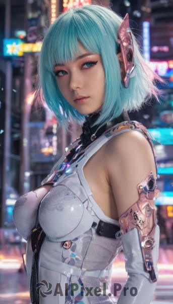 1girl,solo,breasts,looking at viewer,short hair,bangs,blue eyes,gloves,bare shoulders,medium breasts,closed mouth,blue hair,upper body,elbow gloves,blunt bangs,blurry,from side,aqua eyes,lips,aqua hair,bodysuit,blurry background,headgear,science fiction,realistic,android,cyborg,cyberpunk,hair ornament,outdoors,artist name,looking to the side,night,depth of field,watermark,bob cut,zipper,nose