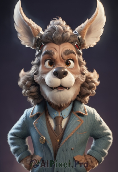 solo,looking at viewer,open mouth,simple background,brown hair,shirt,long sleeves,1boy,animal ears,brown eyes,jacket,upper body,male focus,necktie,collared shirt,vest,facial hair,fangs,formal,thick eyebrows,suit,blue jacket,black background,head wings,black necktie,furry,curly hair,hands on hips,hands in pockets,furry male,brown fur,buck teeth,brown necktie,white shirt,teeth,striped,artist name,medium hair,rabbit ears,buttons,vertical stripes,brown vest,pinstripe pattern,pinstripe suit