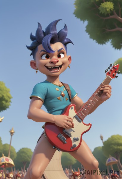 looking at viewer,smile,short hair,open mouth,shirt,black hair,red eyes,1boy,holding,brown eyes,jewelry,blue hair,standing,tail,purple hair,short sleeves,male focus,multicolored hair,earrings,outdoors,sky,shorts,teeth,solo focus,day,necklace,tree,blue sky,fangs,blue shirt,sharp teeth,instrument,child,6+boys,music,guitar,male child,playing instrument,holding instrument,electric guitar,crowd,mohawk,solo,blurry,orange eyes,blurry background,bottomless,spiked hair,t-shirt,people