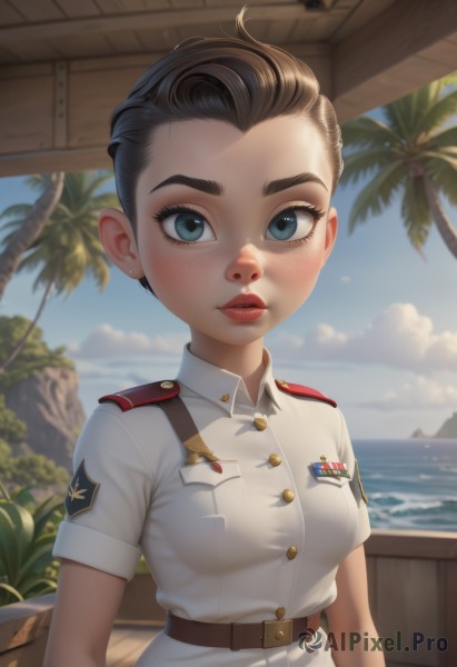 1girl,solo,breasts,looking at viewer,blush,short hair,blue eyes,brown hair,shirt,jewelry,medium breasts,white shirt,upper body,short sleeves,earrings,outdoors,parted lips,sky,day,collared shirt,belt,artist name,cloud,water,blurry,uniform,tree,blue sky,lips,military,eyelashes,military uniform,makeup,buttons,blurry background,ocean,beach,piercing,ear piercing,forehead,freckles,epaulettes,pocket,nose,palm tree,horizon,red lips,stud earrings,brown belt,breast pocket,badge,medal,black hair,thick eyebrows,emblem,undercut,aiguillette,mascara,thick lips