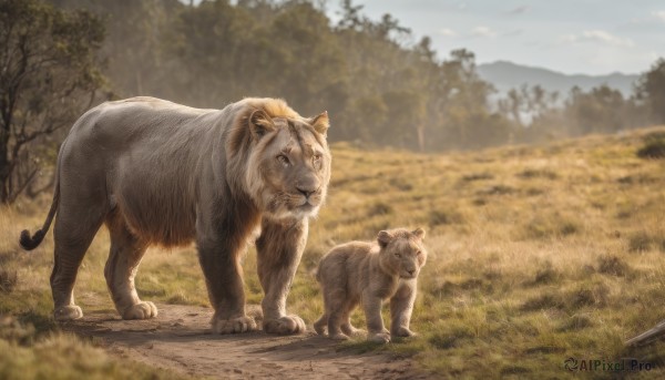 standing,outdoors,sky,day,cloud,blurry,tree,no humans,depth of field,blurry background,animal,grass,nature,scenery,forest,realistic,road,animal focus,lion,looking at viewer,closed mouth,signature,field