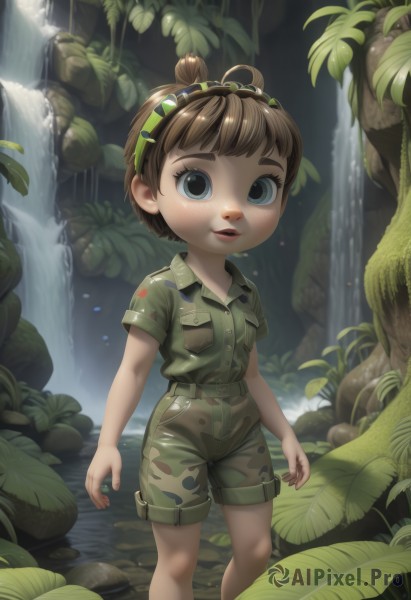 1girl,solo,looking at viewer,short hair,open mouth,bangs,blue eyes,brown hair,shirt,1boy,standing,ahoge,short sleeves,male focus,hairband,outdoors,parted lips,shorts,collared shirt,water,feet out of frame,leaf,thick eyebrows,plant,child,nature,wading,forest,pocket,green shirt,female child,breast pocket,male child,camouflage,green shorts,waterfall,blush,belt,lips,goggles,goggles on head,rock,realistic,moss