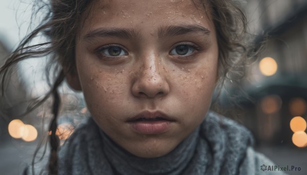 1girl, solo, long hair, looking at viewer, brown hair, brown eyes, parted lips, scarf, blurry, lips, depth of field, blurry background, portrait, close-up, freckles, realistic, nose, bokeh