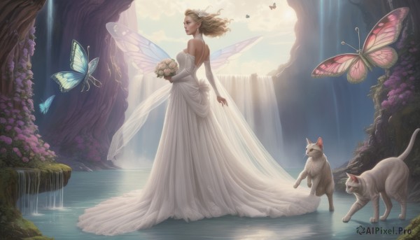 1girl,solo,long hair,blonde hair,brown hair,hair ornament,dress,holding,bare shoulders,standing,flower,outdoors,detached sleeves,wings,pointy ears,hair flower,water,white dress,tree,strapless,rose,animal,sunlight,cat,bug,butterfly,nature,veil,scenery,strapless dress,forest,light rays,bouquet,wedding dress,fairy wings,fairy,backless dress,bride,waterfall,butterfly wings,gown,gloves,elbow gloves