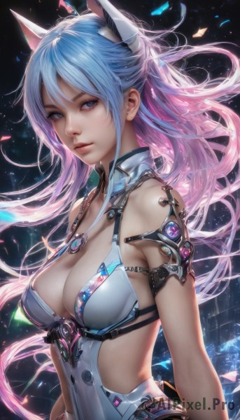 1girl,solo,long hair,breasts,looking at viewer,bangs,blue eyes,large breasts,animal ears,cleavage,bare shoulders,medium breasts,closed mouth,blue hair,upper body,pink hair,multicolored hair,parted lips,shiny,artist name,cat ears,two-tone hair,leotard,lips,clothing cutout,covered navel,gradient hair,detached collar,floating hair,fake animal ears,headgear,armlet,realistic,nose,arms at sides,hair between eyes,jewelry,very long hair,swimsuit,sidelocks,signature,from side,looking to the side,eyelashes,revealing clothes,science fiction