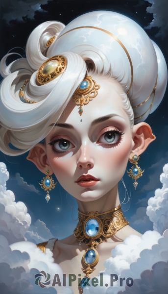 1girl,solo,looking at viewer,short hair,blue eyes,hair ornament,jewelry,collarbone,white hair,earrings,parted lips,sky,choker,artist name,cloud,necklace,hair bun,lips,eyelashes,makeup,night,moon,single hair bun,cloudy sky,lipstick,gem,portrait,star (sky),night sky,full moon,eyeshadow,nose,red lips,blue gemstone,mascara,blush,pointy ears,grey eyes,starry sky,updo