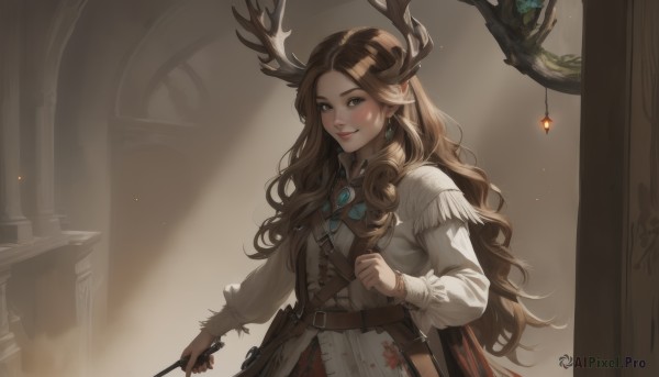 1girl,solo,long hair,looking at viewer,smile,brown hair,shirt,long sleeves,dress,holding,brown eyes,jewelry,closed mouth,upper body,weapon,earrings,belt,sword,indoors,holding weapon,white dress,lips,gun,wavy hair,holding sword,sunlight,knife,brooch,gem,sheath,door,brown belt,dagger,antlers,fringe trim,deer ears,crossbow,blush,animal ears,very long hair,white shirt,pointy ears,signature,bag,parted bangs,forehead,buckle,curly hair,pouch,sheathed,light rays,lantern,fantasy,light,scabbard,belt pouch,pillar,arch