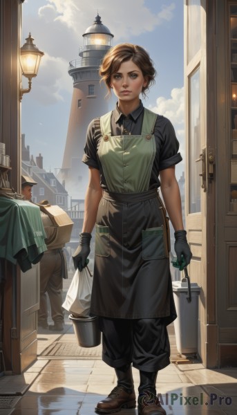 1girl,looking at viewer,short hair,blue eyes,brown hair,shirt,gloves,1boy,holding,brown eyes,standing,full body,short sleeves,boots,outdoors,sky,shoes,solo focus,day,socks,collared shirt,pants,cloud,apron,blue sky,lips,black shirt,brown footwear,black pants,building,reflection,walking,realistic,door,tiles,bucket,tile floor,lamppost,green gloves,solo,parted lips,black gloves,uniform,freckles,city,green shirt