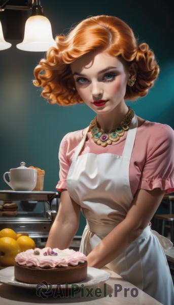 1girl,solo,breasts,looking at viewer,smile,short hair,blue eyes,shirt,dress,jewelry,short sleeves,earrings,food,indoors,necklace,orange hair,apron,cup,lips,eyelashes,makeup,fruit,table,lipstick,white apron,plate,freckles,cake,curly hair,pink shirt,realistic,strawberry,nose,red lips,lamp,teapot,cupcake,pastry,medium breasts,red hair,hair bun,kitchen,kettle