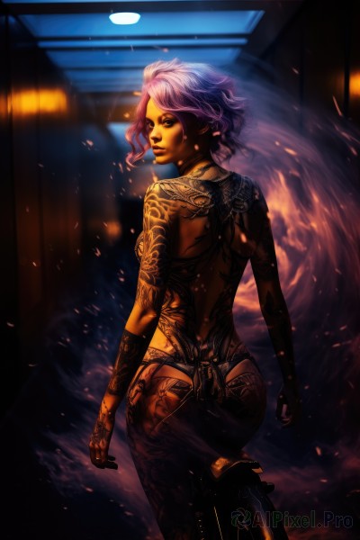 1girl,solo,breasts,looking at viewer,short hair,jewelry,medium breasts,purple hair,ass,looking back,dark skin,from behind,dark-skinned female,lips,tattoo,makeup,night,back,ground vehicle,smoke,bicycle,back tattoo,gloves,underwear,panties,pink hair,earrings,lipstick,realistic,nose,full-body tattoo