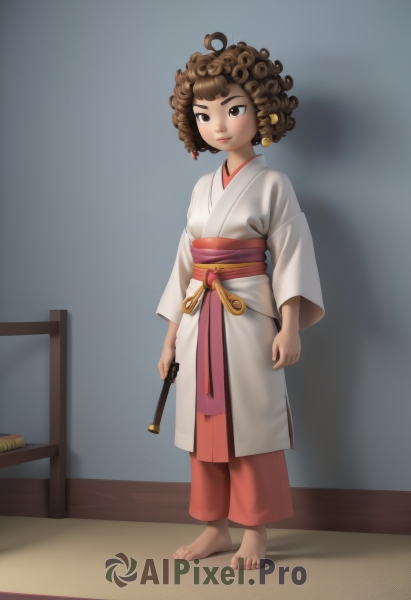 1girl,solo,short hair,brown hair,hair ornament,long sleeves,holding,brown eyes,closed mouth,standing,full body,weapon,japanese clothes,barefoot,indoors,kimono,lips,sash,bell,toes,shadow,hakama,jingle bell,curly hair,white kimono,miko,hair bell,arms at sides,red hakama,dougi,smile,bangs,feet,obi,smoking pipe,kiseru,holding smoking pipe