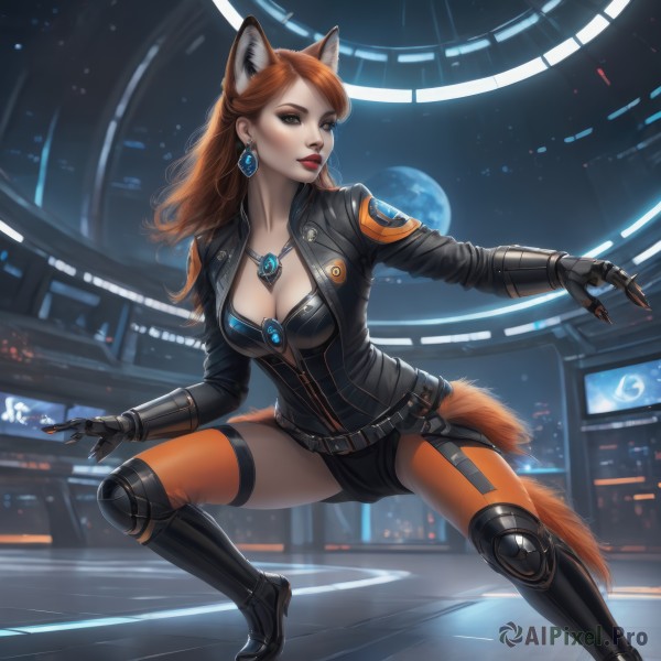 1girl,solo,long hair,breasts,looking at viewer,bangs,large breasts,brown hair,thighhighs,gloves,holding,animal ears,cleavage,brown eyes,jewelry,medium breasts,tail,full body,earrings,boots,parted lips,shorts,black gloves,belt,artist name,spread legs,necklace,black footwear,orange hair,mole,lips,fox ears,bodysuit,makeup,night,fox tail,moon,squatting,lipstick,fox girl,gem,extra ears,pendant,eyeshadow,smoke,zipper,science fiction,cigarette,smoking,red lips,between fingers,holding cigarette,red hair,fighting stance,realistic,black bodysuit,one knee,planet,cyborg,cyberpunk