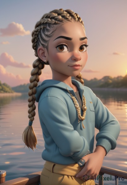 1girl,solo,long hair,looking at viewer,smile,brown hair,long sleeves,twintails,brown eyes,jewelry,closed mouth,braid,earrings,outdoors,sky,pants,artist name,cloud,dark skin,hood,water,necklace,blurry,twin braids,dark-skinned female,lips,hoodie,blurry background,ocean,ring,thick eyebrows,hood down,forehead,freckles,pocket,sunset,nose,railing,drawstring,river,blue hoodie,evening,lake,multiple braids,blush,upper body,grey hair,flat chest,watermark,zipper,backlighting