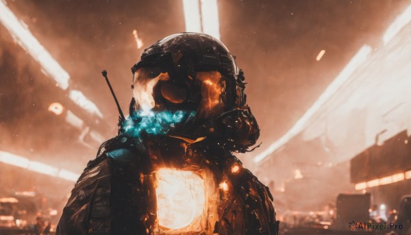 solo,1boy,upper body,weapon,male focus,armor,blurry,gun,military,blurry background,glowing,helmet,fire,robot,rifle,1other,smoke,science fiction,realistic,spacecraft,dust,night,light,space,alien,power armor,ambiguous gender,spacesuit,lights,astronaut