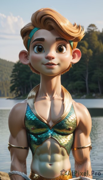 1girl,solo,looking at viewer,smile,short hair,brown hair,1boy,navel,brown eyes,jewelry,upper body,male focus,hairband,earrings,outdoors,parted lips,sky,day,midriff,water,armor,blurry,lips,muscular,abs,child,armlet,freckles,male child,body freckles,collarbone,tree,pectorals,toned