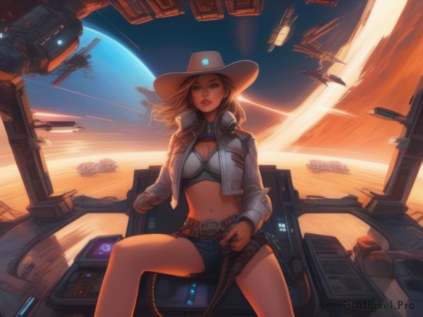 1girl,solo,long hair,breasts,looking at viewer,brown hair,hat,navel,holding,cleavage,brown eyes,medium breasts,sitting,jacket,weapon,parted lips,open clothes,sky,shorts,midriff,belt,medium hair,holding weapon,open jacket,lips,crop top,gun,short shorts,dutch angle,floating hair,headphones,denim,holding gun,handgun,backlighting,cropped jacket,science fiction,blue shorts,denim shorts,sunset,aircraft,sun,planet,cowboy hat,spacecraft,desert,cockpit,cowboy western,blonde hair,rifle,headset,alien