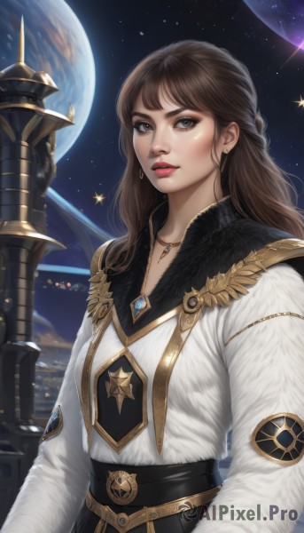 1girl,solo,long hair,looking at viewer,bangs,brown hair,shirt,long sleeves,brown eyes,jewelry,white shirt,upper body,earrings,sky,black skirt,necklace,star (symbol),lips,grey eyes,fur trim,makeup,moon,lipstick,gem,star (sky),half updo,starry sky,realistic,nose,red lips,space,planet,earth (planet),spacecraft,breasts,belt,artist name,night,fur collar