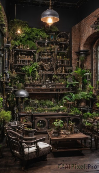 indoors,tree,cup,book,no humans,window,chair,table,bottle,plant,scenery,wooden floor,bookshelf,potted plant,lamp,stool,shelf,light bulb,barrel,night,stairs,fantasy,chandelier