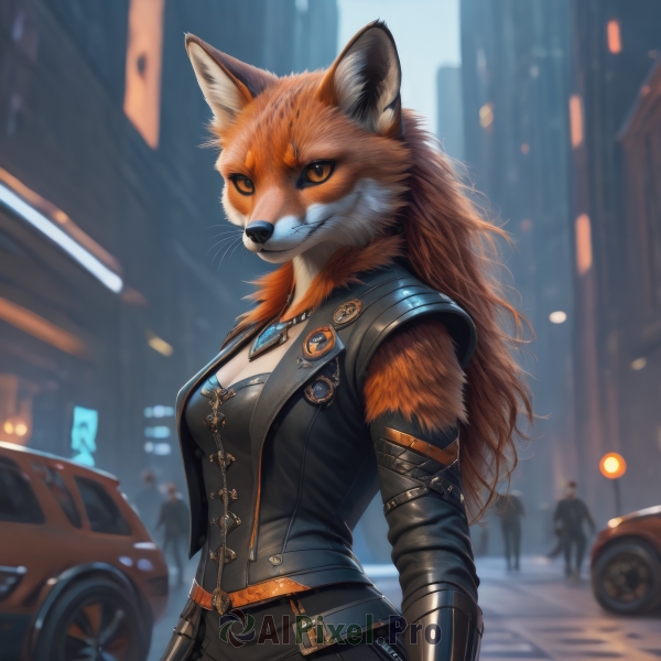 1girl,long hair,breasts,looking at viewer,smile,brown hair,gloves,long sleeves,animal ears,cleavage,jewelry,medium breasts,standing,jacket,tail,outdoors,solo focus,belt,pants,artist name,necklace,blurry,open jacket,black jacket,orange eyes,fox ears,night,depth of field,blurry background,fox tail,animal,fangs,slit pupils,fox girl,ground vehicle,building,motor vehicle,furry,pendant,zipper,colored sclera,cropped jacket,city,furry female,black sclera,car,furry male,body fur,leather,badge,animal nose,snout,leather jacket,two-tone fur,people,orange fur,solo,closed mouth,day,orange hair,armor,shoulder armor,gauntlets,brown fur