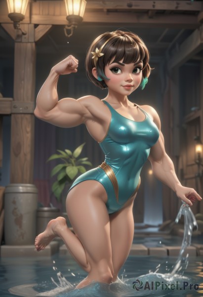 1girl,solo,breasts,looking at viewer,blush,smile,short hair,bangs,brown hair,hair ornament,bare shoulders,medium breasts,green eyes,standing,collarbone,swimsuit,flower,thighs,multicolored hair,hairband,barefoot,shiny,artist name,indoors,signature,hair flower,armpits,water,blurry,arm up,feet,lips,wet,one-piece swimsuit,covered navel,muscular,toes,watermark,highleg,thick thighs,abs,leg up,standing on one leg,plant,clenched hand,skin tight,wading,veins,toned,competition swimsuit,blue one-piece swimsuit,nose,muscular female,highleg swimsuit,potted plant,lamp,splashing,biceps,puddle,flexing,black hair,brown eyes,small breasts,bare legs,window,running,pool