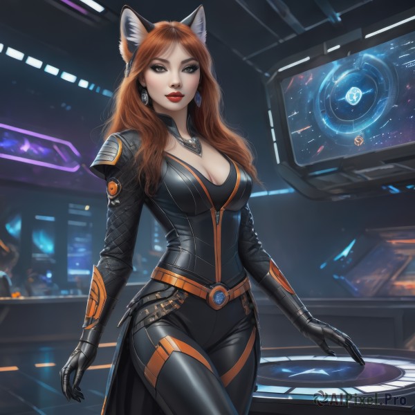 1girl,solo,long hair,breasts,looking at viewer,large breasts,brown hair,gloves,animal ears,cleavage,brown eyes,jewelry,medium breasts,standing,cowboy shot,earrings,black gloves,belt,indoors,cat ears,necklace,orange hair,lips,bodysuit,makeup,fake animal ears,lipstick,science fiction,black bodysuit,red lips,bangs,red hair,artist name,parted bangs,fox ears,fox girl,zipper,realistic,space