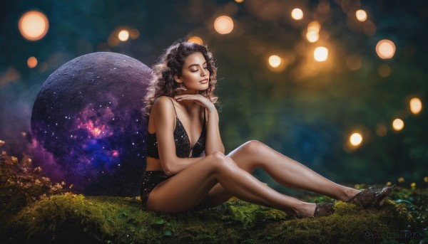 1girl,solo,long hair,breasts,smile,black hair,cleavage,jewelry,sitting,closed mouth,underwear,full body,closed eyes,earrings,small breasts,shoes,shorts,artist name,bra,blurry,lips,bare legs,makeup,night,blurry background,black shorts,grass,black bra,star (sky),curly hair,head rest,realistic,space,planet,midriff,high heels,crop top,legs,short shorts,depth of field,watermark,polka dot,veil,bokeh