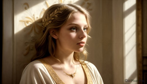 HQ,1girl,solo,long hair,blue eyes,blonde hair,brown hair,dress,jewelry,closed mouth,collarbone,upper body,indoors,necklace,white dress,lips,eyelashes,window,looking away,sunlight,realistic,nose,breasts,cleavage,parted lips,looking to the side,shadow,portrait,looking afar,laurel crown