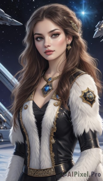 1girl,solo,long hair,breasts,looking at viewer,brown hair,hair ornament,long sleeves,dress,cleavage,brown eyes,jewelry,medium breasts,upper body,earrings,parted lips,sky,belt,signature,necklace,lips,coat,fur trim,night,wavy hair,gem,star (sky),night sky,pendant,starry sky,freckles,science fiction,realistic,aircraft,nose,space,spacecraft,blush,shirt,forehead