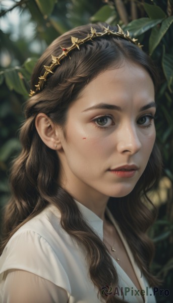 1girl,solo,long hair,breasts,looking at viewer,brown hair,shirt,black hair,cleavage,brown eyes,jewelry,closed mouth,white shirt,upper body,flower,earrings,necklace,blurry,black eyes,lips,depth of field,blurry background,leaf,wavy hair,plant,portrait,freckles,realistic,nose,red lips,green eyes,parted lips,mole,eyelashes,blood