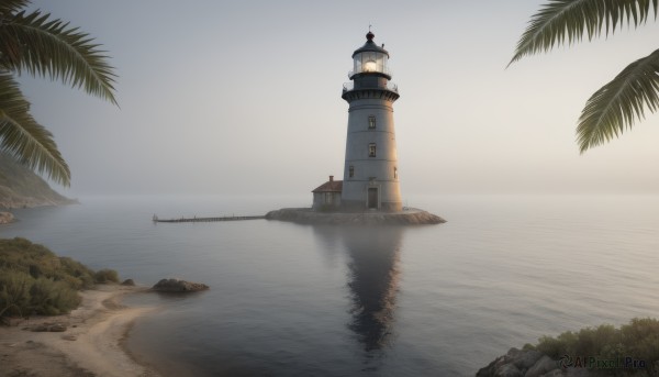 outdoors,sky,day,water,tree,no humans,ocean,beach,building,scenery,reflection,rock,sand,palm tree,clock,watercraft,river,tower,boat,shore,island,lighthouse,nature,horizon,bush,lake