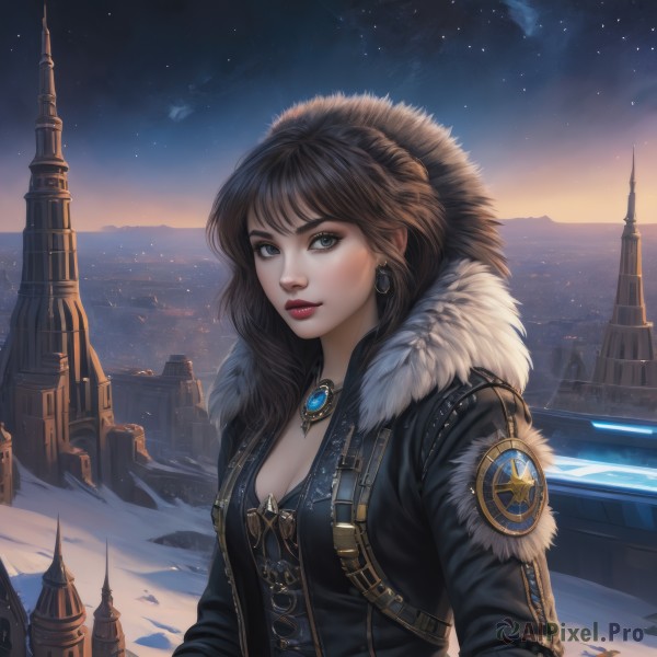 1girl,solo,long hair,breasts,looking at viewer,bangs,blue eyes,brown hair,black hair,long sleeves,cleavage,jewelry,medium breasts,jacket,upper body,braid,earrings,outdoors,parted lips,open clothes,sky,signature,hood,water,necklace,lips,coat,fur trim,eyelashes,makeup,night,watermark,lipstick,brooch,building,gem,star (sky),night sky,scenery,snow,pendant,starry sky,snowing,mountain,city,nose,winter clothes,red lips,cityscape,watercraft,leather,winter,castle,tower,city lights,sunrise,parka,short hair,closed mouth,black jacket,grey eyes,thick eyebrows,fur collar,realistic,emblem